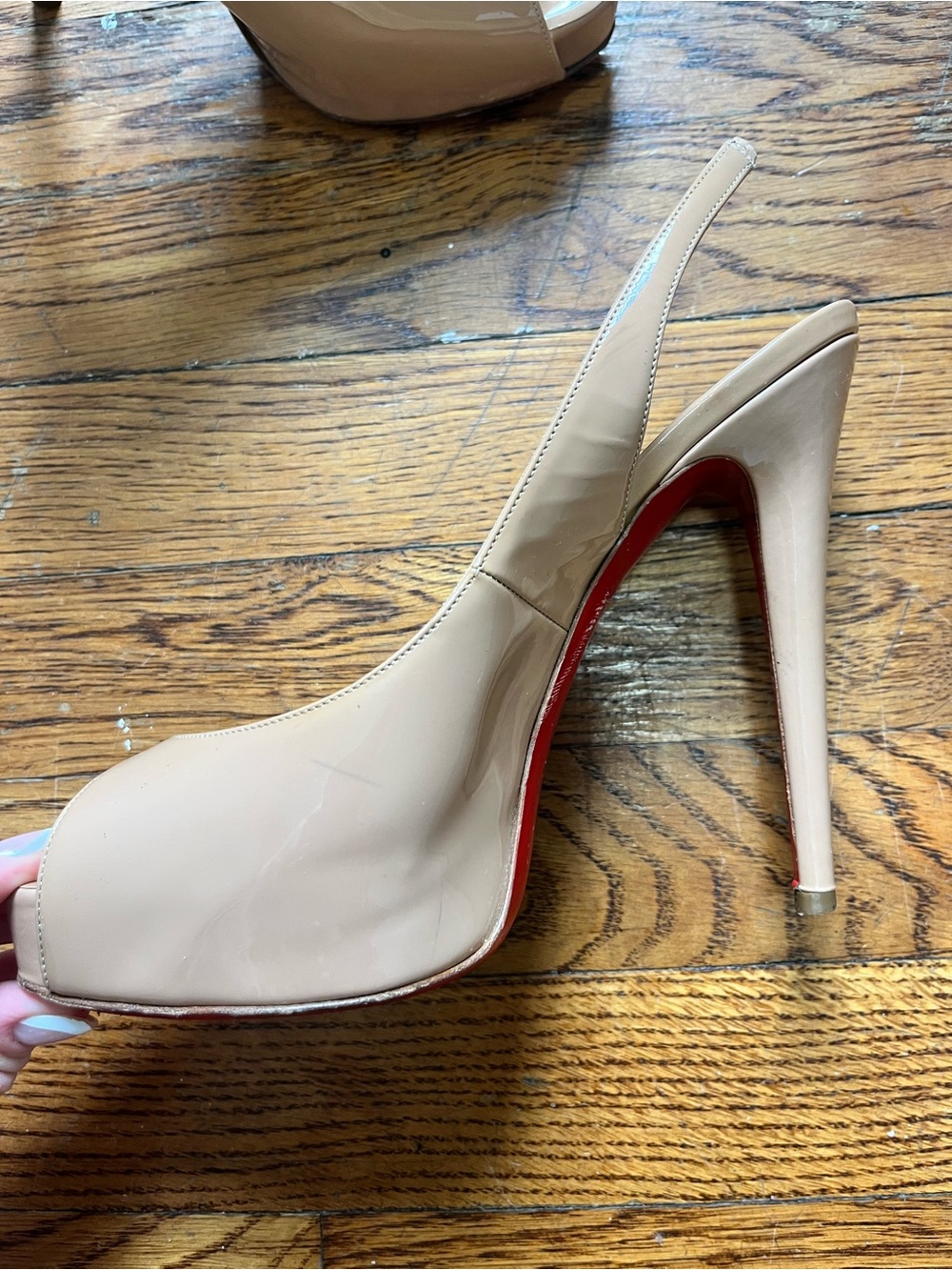 Christian Louboutin Nude Patent Peep-Toe Slingback Pumps - Picture 7 of 10